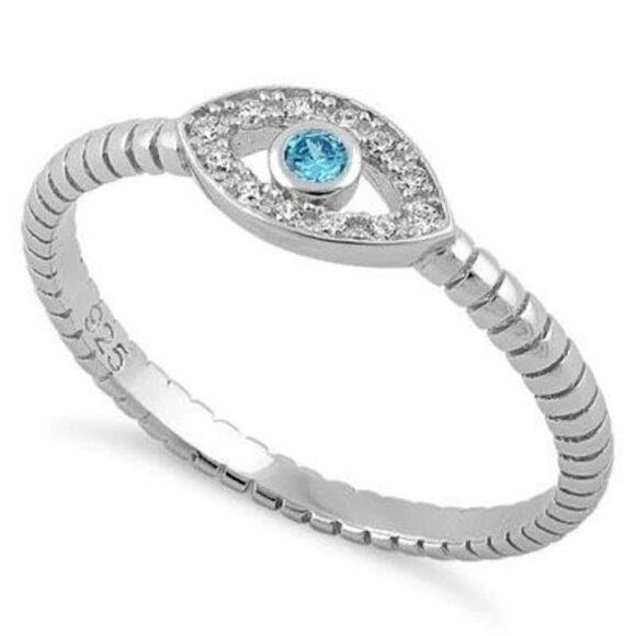 Aquamarine Blue Stone Evil Eye Sterling Silver Ring New - Picture 1 of 4